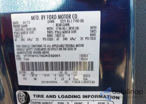 2013 Ford F-150 Lariat z USA, uszkodzony, nr VIN 1FTFW1CT6DKE92001